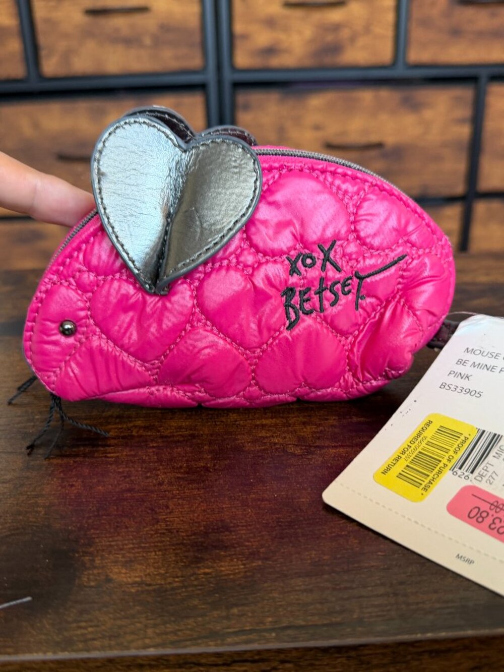 Betsey Johnson Hot Pink Quilted Mouse Cosmetic Pouch Silver Ears BS33905